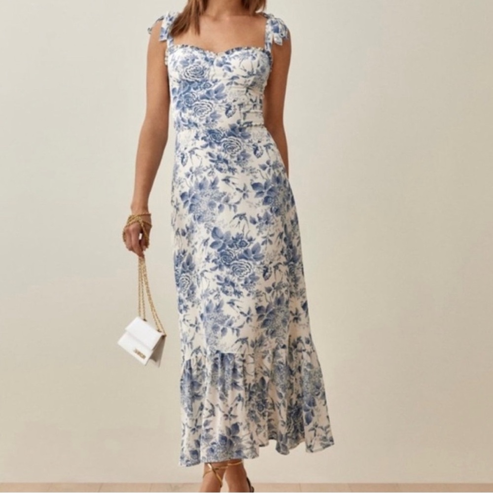 Reformation Blue and White Sleeveless Sundress